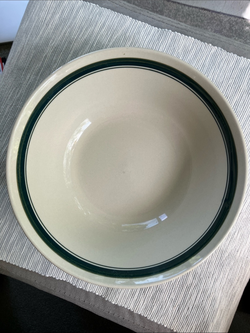 Vintage Stoneware Cream Serving Bowl with Green and Blue Band